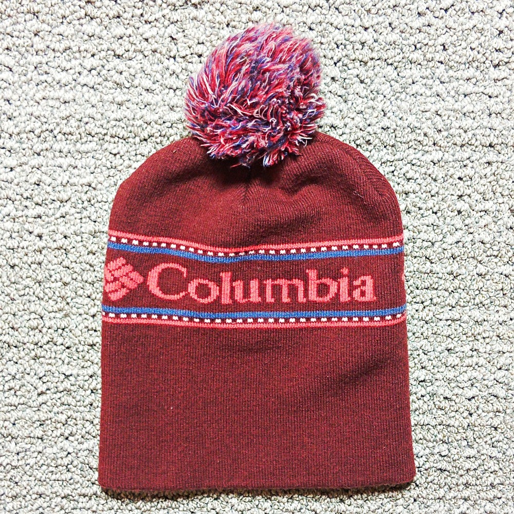 Columbia Unisex Burgundy Beanie Hat w/ Pom Pom Logo Pattern O/S Winter